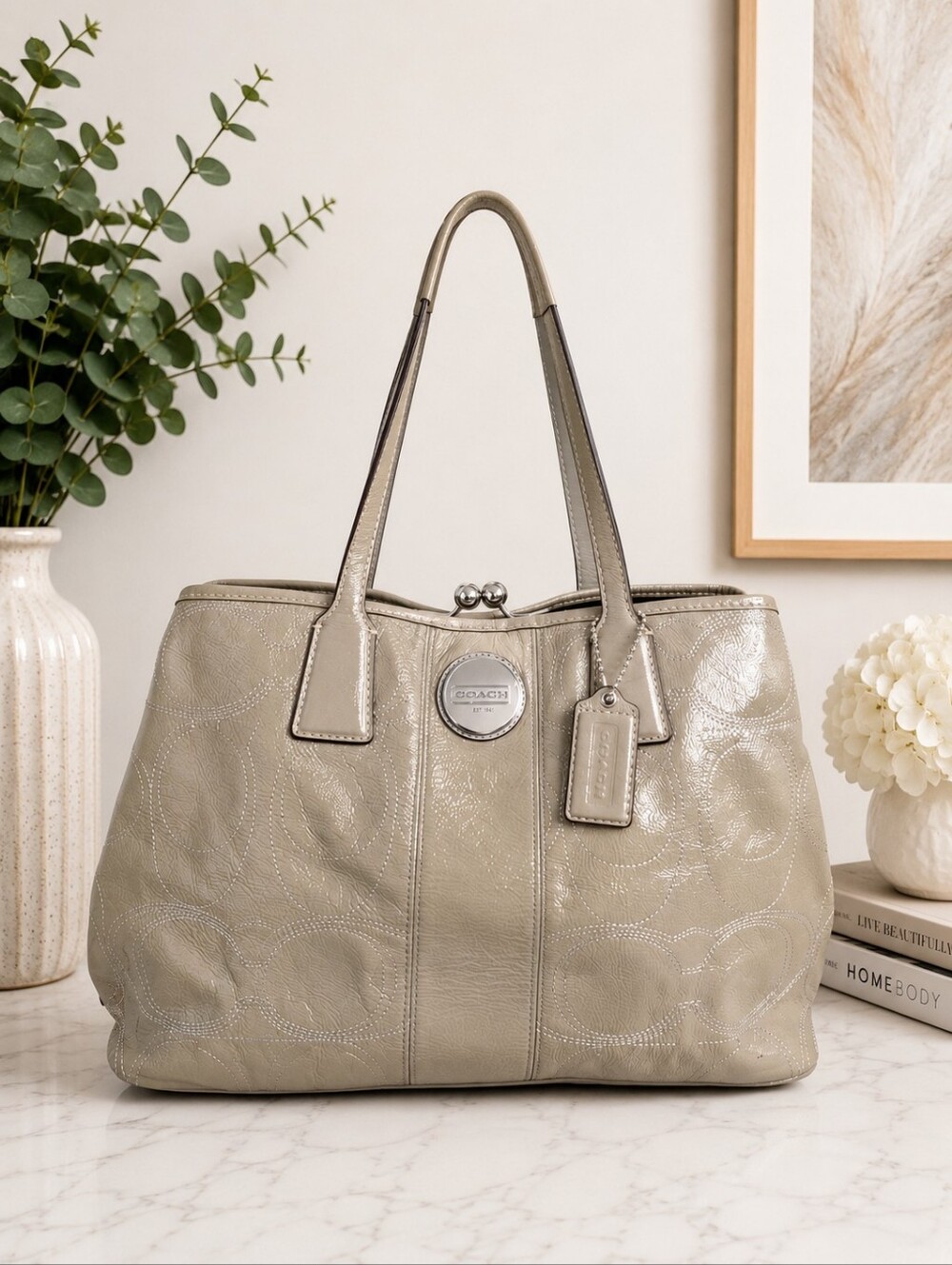 Coach Signature Stitch Framed Kisslock Carryall Patent Leather Sage Taupe Tote
